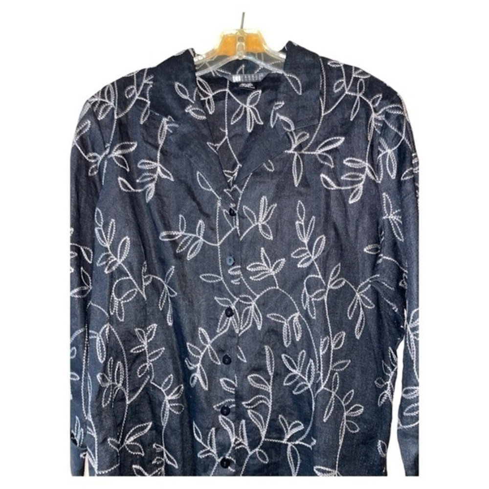 Carole Little Vtg 90s Linen Embroidered Blouse Tunic Black XL Leaf Botanical - Picture 2 of 10